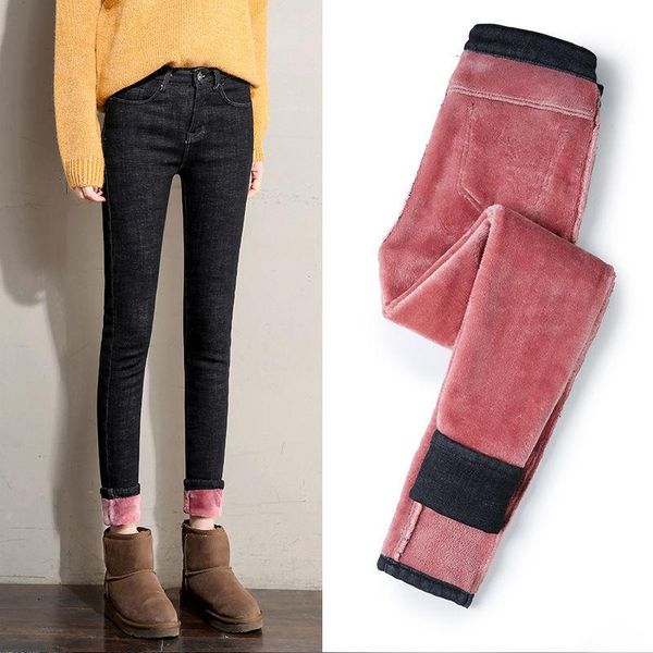 

women's jeans stretch thickening and velvet high-waisted trousers plus size slimming black pencil warm cotton, Blue