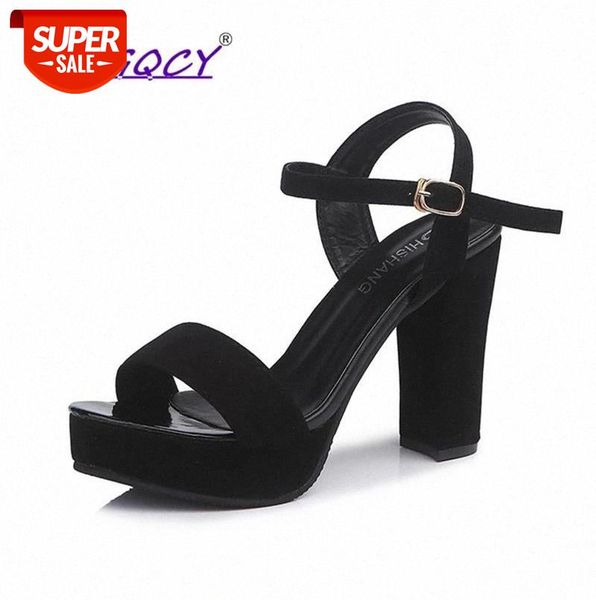

open toe suede square heel high roman sandals women 2019 summer shoes waterproof platform buckle strap ladies #0l6j, Black