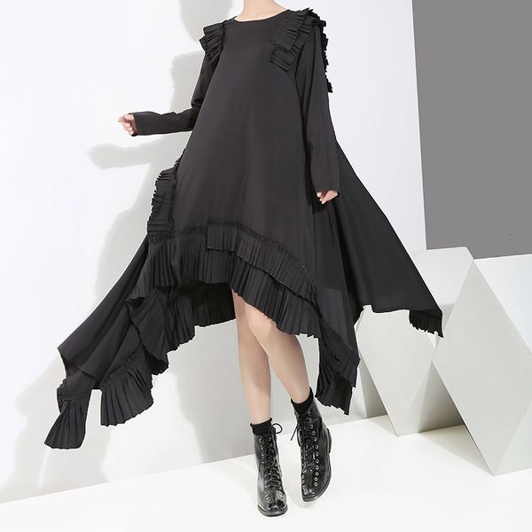 

luxury casual drs2021 autumn and winter dr's fashion long sleeve fried street pleated irregular skirt 3894, Black;gray