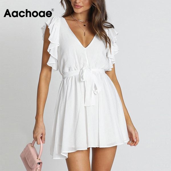 

aachoae summer women mini white dress deep v neck ruffles beach dress sundress sleeveless backless chic dress lady ropa mujer 210413, Black;gray