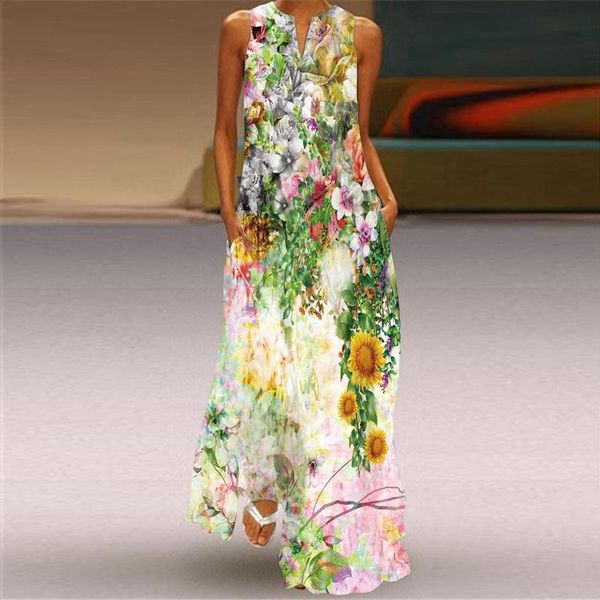 

casual dresses fashion holiday beach dress 2021 vintage plus size long summer woman sleeveless girl floral print, Black;gray