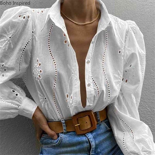 

boho inspired long sleeve elegant shirt white hollow out button vintage blouse turn down collar office ladies shirt female 210410