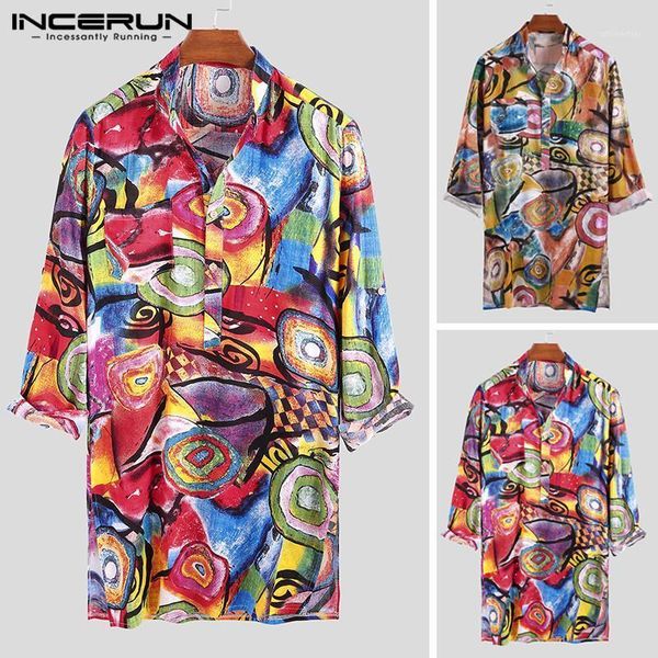 

fashion printed long sleeve shirts men stand collar loose blouse incerun man ethnic button irregular floral camisa masculina 5xl men's, White;black