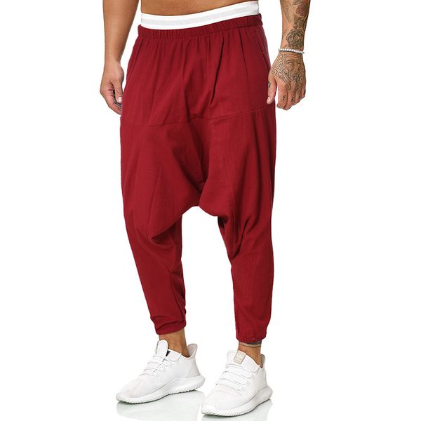 

2021 cotton linen harem pants men japanese loose joggers trousers mans cross-pants crotch pants wide leg baggy pants men xxxl, Black