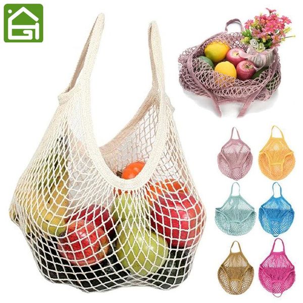 

storage bags reusable grocery produce cotton mesh ecology market string net shopping tote bag kitchen fruits vegetables hanging