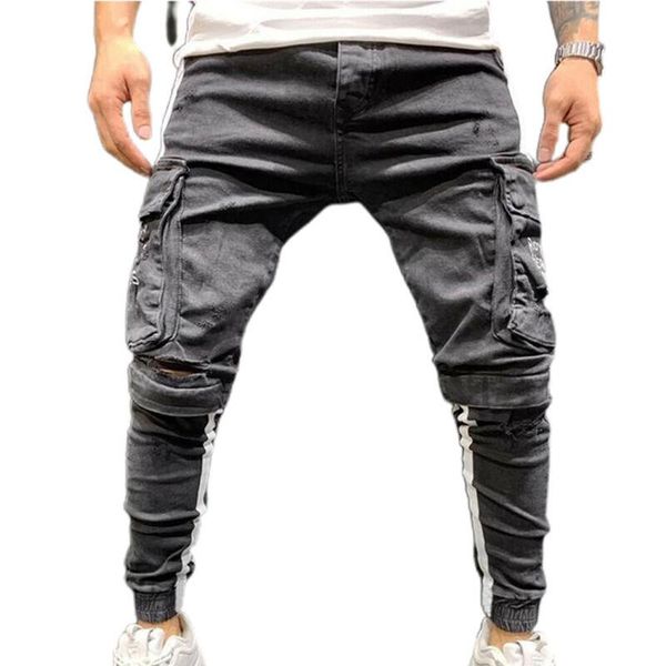 

men's jeans skinny mens denim bottoms distressed ripped solid pockets pencil pants fashion men clothing side stripe trousers, Blue