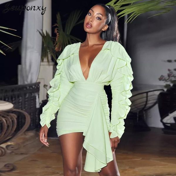 

casual dresses 2021 summer deep v-neck puff sleeve backless drape dress elegant women bodycon mini celebrity party, Black;gray