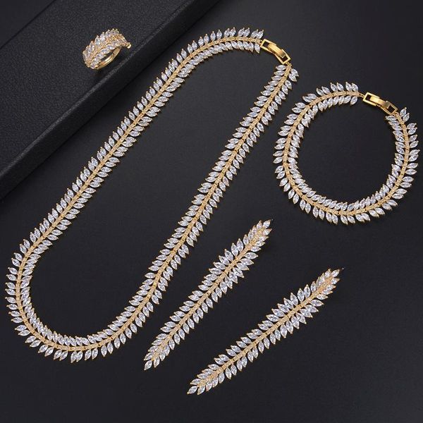 

earrings & necklace godki luxury cubic zirconia wedding jewellery sets for women wheat olive branch leaf african dubai brides 4pcs jewelry, Silver