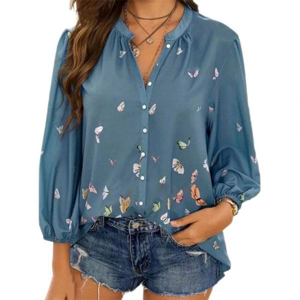 

women's t-shirt women shirt butterfly print long sleeve fashion single-breasted loose blouse for spring, White