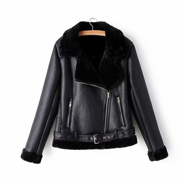 

elegant women faux lamb wool fur leather jacket winter fashion lady sashes black outerwear streetwear female zipper suits 210430
