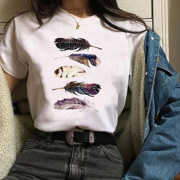 

print clothes graphic feather women t shirt printing 90s trend mujer camisetas tees female womens, White