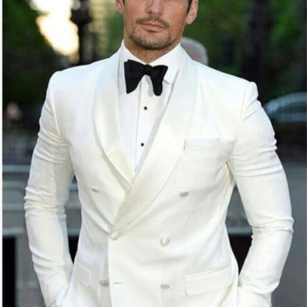 

men's suits & blazers 3 pieces double breasted men suit ivory mens groom tuxedos groomsmen wedding blazer terno masculino, White;black
