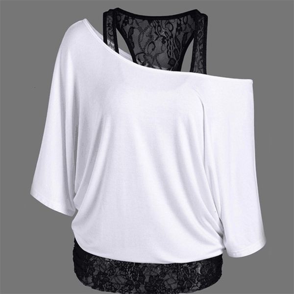 

women's t-shirt large summer lace vest slant collar bat sleeve v0b3, White