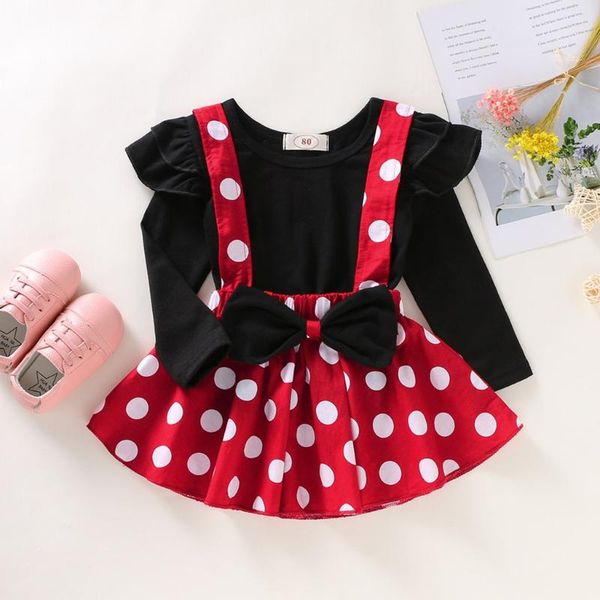 

clothing sets overall infant baby girl clothes set toddler ruffles t-shirt +dot print bow suspender skirts born 2021, White