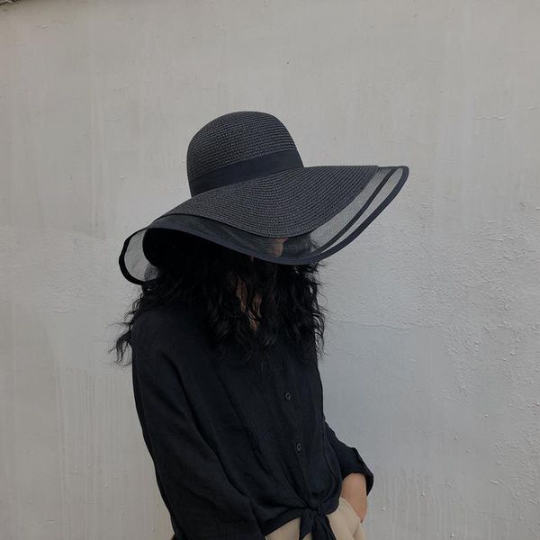 

wide brim hats holiday black straw hat women 's seaside beach summer outing french vintage sunshade, Blue;gray