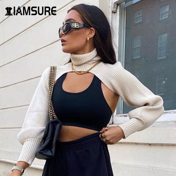 

women's sweaters iamsure 2021 autumn winter fashion cropped sweater streetwear turtleneck long sleeve casual knitted short pullovers, White;black