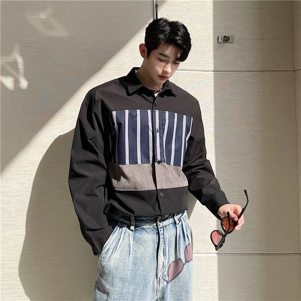 

men's casual shirts men stripe splice corduroy long sleeve loose male japan korea streetwear vintage fashion i2ic, White;black