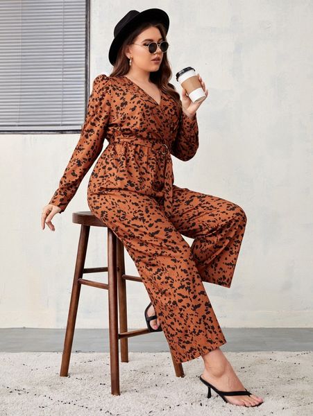 

plus dalmatian print belted wide leg jumpsuit c1sy#, Black