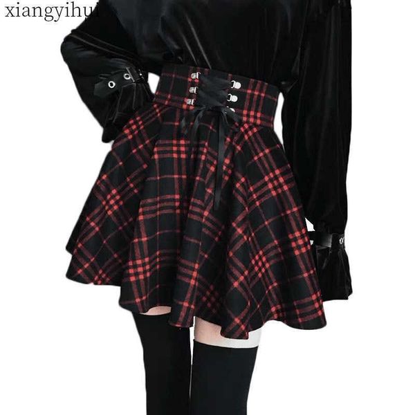 

gothic lolita women ladies winter black red plaid pleated ball gown new arrivals high waist lace up wool skirt bottom q190517
