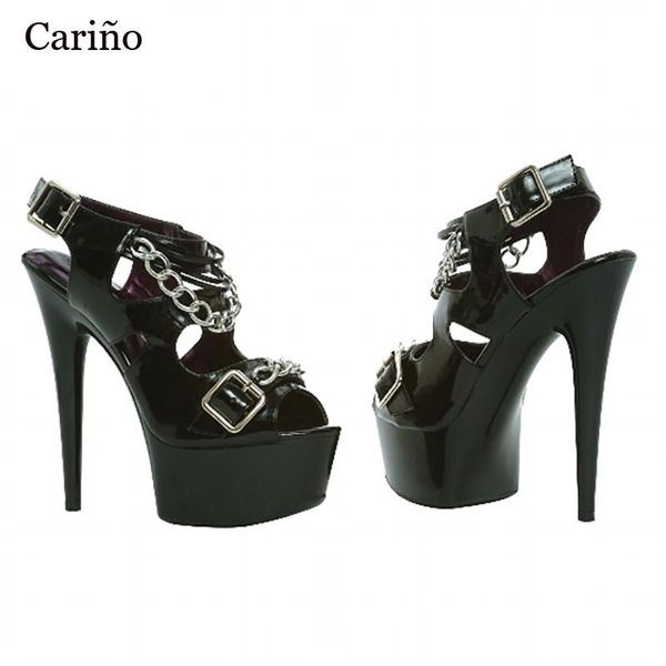 

dress shoes stiletto sandals 15cm high heel metal chain decoration peep toe platform buckle strap nightclub pumps size 34-46, Black
