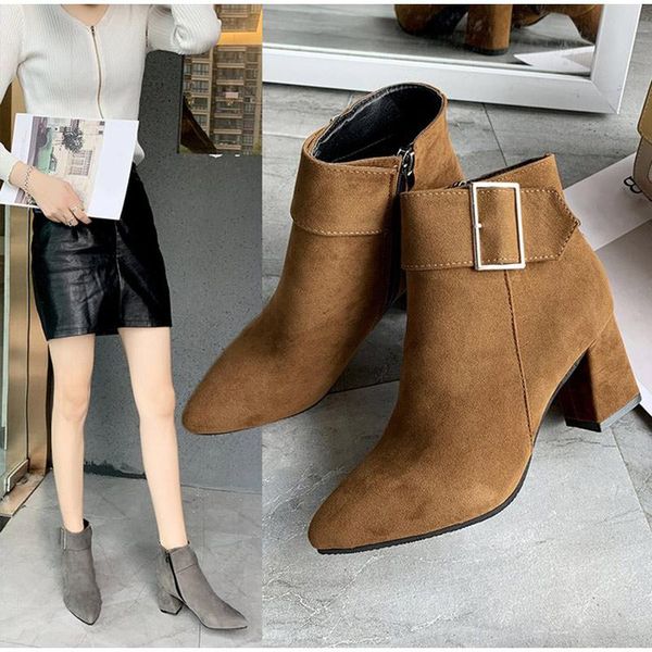 

2021fashion women boots casual leather low high heels spring shoes woman pointed toe rubber ankle black red zapatos mujer