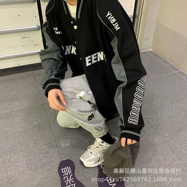 

mlbny spring and autumn coat, loose casual reflective strip et, korean work clothes, submachine suit, baseball suit, Black