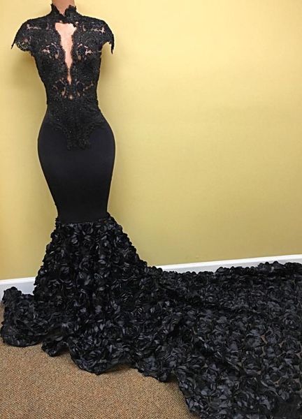 Seksi Yüksek Boyun Abiye Lüks Boncuklu 3D Çiçekler Balo Abiye Cap Sleeve Mermaid Vestido de Fiesta Kıyafeti