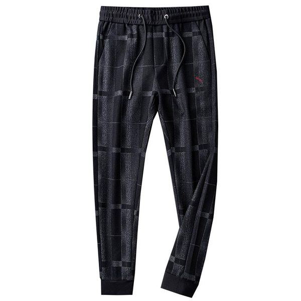 

men's pants thick casual loose-fitting woolen plaid winter fashion striped trousers, Black