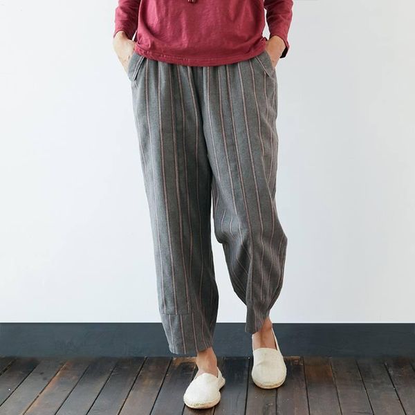 

women's pants & capris 2021 vintage striped women casual elastic waist long trousers plus size pockets cotton pantalon harem palazzo st, Black;white