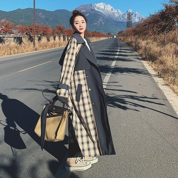 

women's trench coats in stock 2021 autumn clothes main push design plaid stitching coat, Tan;black