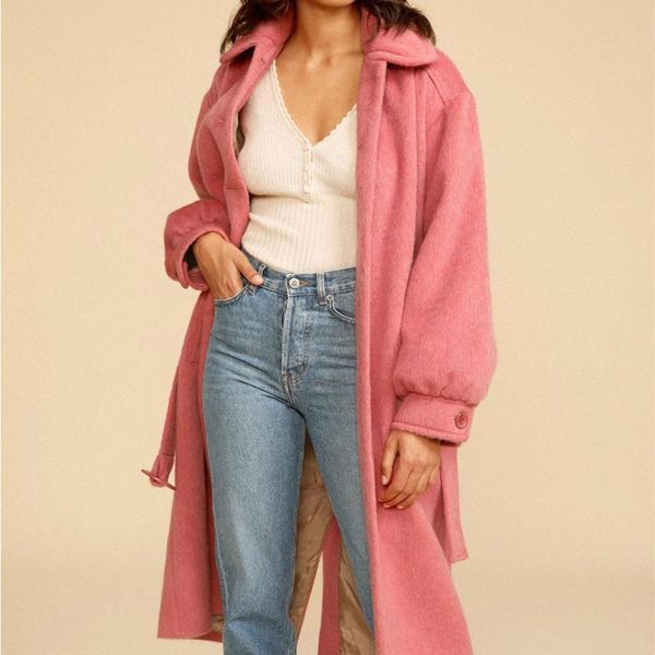 

women's wool & blends pink single breasted jacket women turn-down collar sashes lace-up long sleeve lady coat and cardigan 2021 autumn, Black