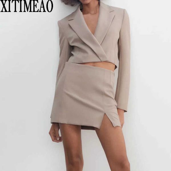 

za women fashion high waist short suit coat vintage female outerwear split buttock skirt 2-piece set xitimeao 210604, White;black