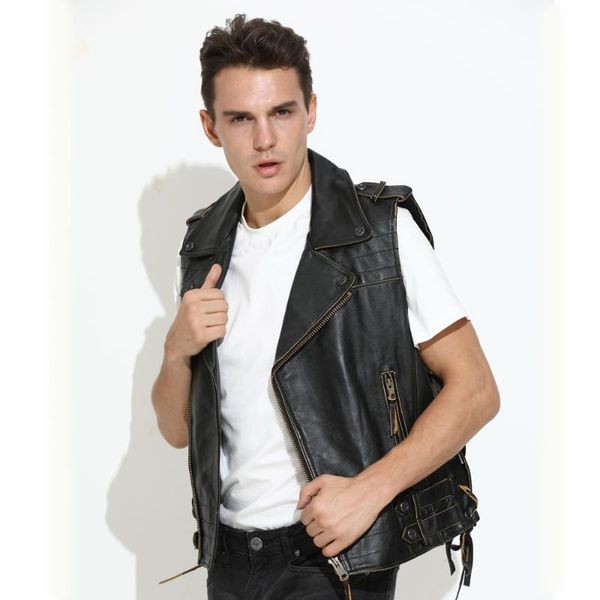 

men's vests vintage 2021 black men slim fit biker's leather vest plus size 3xl genuine cowhide autumn american motorcycle coat, Black;white