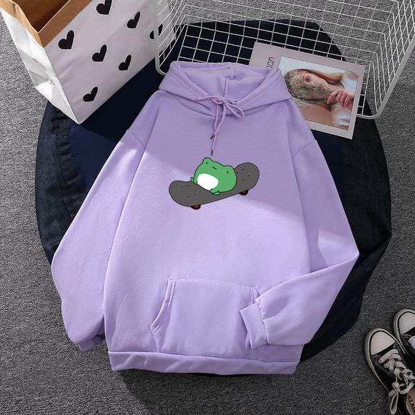 

women's cute sweatshirts skateboarding frog long sleeve hoodie pullover women loose casual contrast color stitching hooded sweater, Black