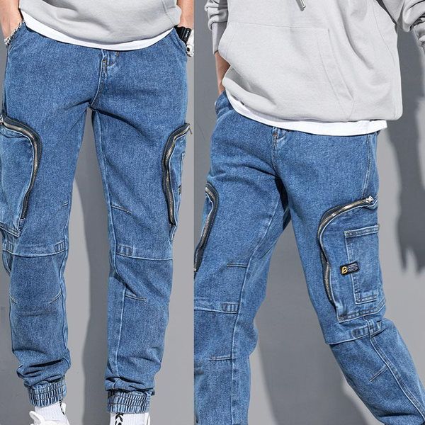 

men's jeans yoa big zipper pocket cargo pant male baggy hip hop men harem streetwear drawstring denim trousers, Blue