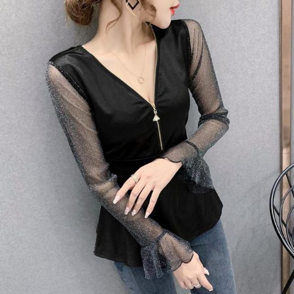 

women's vests 2021 women spring vintage zipper shirts female print ruffles v-neck long sleeve mesh lady casaul loose patchwork blouse, Black;white