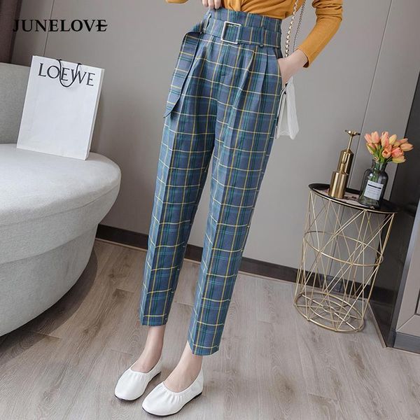 

women's pants & capris women high waist sashes pockets colorful plaid pant autumn winter casual long trousers femme pantalon loose fema, Black;white