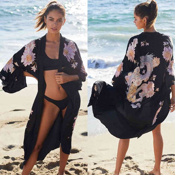 Traje de baño Cubrimientos Bohemio Impreso Kimono largo Cárdigan Frente abierto Mujeres Tallas grandes Ropa de playa Traje de baño Cubrir Q1138 210420