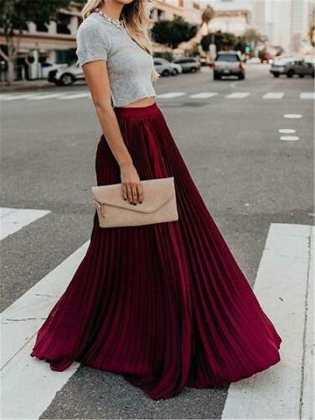 

skirts women boho chiffon long maxi skirt lady beach style pleated, Black