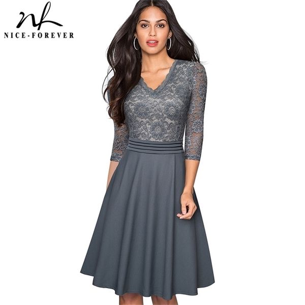 

nice-forever vintage black flower elegant lace ruffle vestidos see through sleeve a-line pinup business women flare dress a062 210419, White