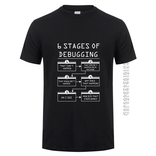 

6 stages of debugging t shirts men cotton o-neck short sleeve tee bug coding computer programmer man t-shirt 210707, White;black