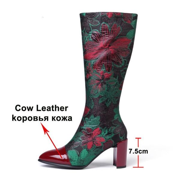 

boots meotina winter knee high women natural genuine leather zip thick heel long flower pointed toe shoes lady 34-431 t8g3, Black