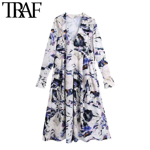 Traf Women Chic Fashion Graffiti Stampa Abito Midi Pieghe Midi Vintage Abiti da donna Slipata Dismitose Vestitidos Mujer 210415