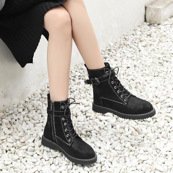 

boots 2021 winter women casual warm ankle autumn fashion lace-up ladies shoes non-slip motorcycle combat black
