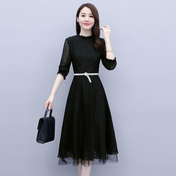 

casual dresses women's spring autumn style lace dress o-neck long sleeve solid color sashes mesh patchwork ss3584, Black;gray
