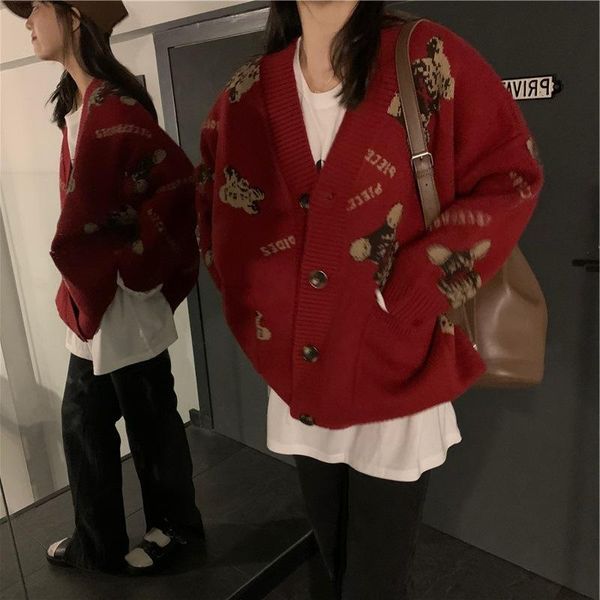 

women's knits & tees bear sweater coat mid-length loose knit jacket 2021 spring autumn korean v-neck knitted cardigan outer wear, White