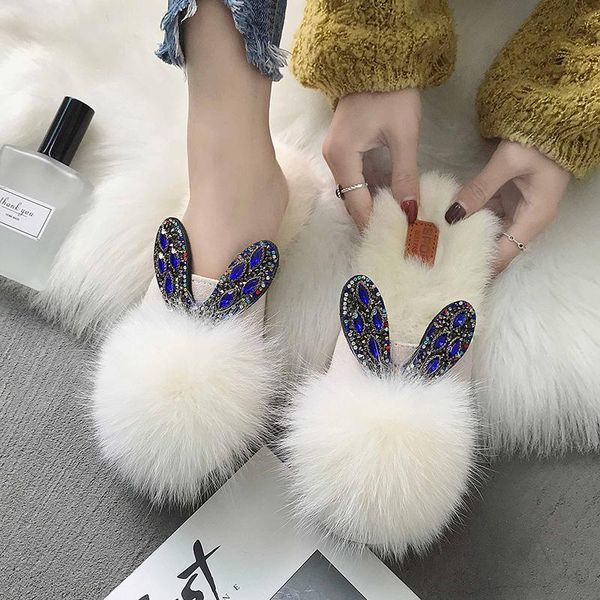 

multicolor crystal ears fur slippers women mules winter plush shoes flat pantuflas lovely cover toe furry slides2021, Black