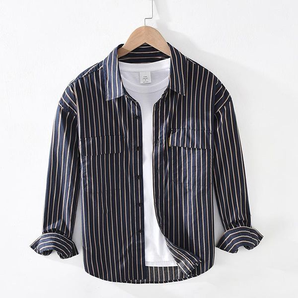 

men's fashion tooling shirt spring plus size loose striped square collar cotton men casual shirts, White;black