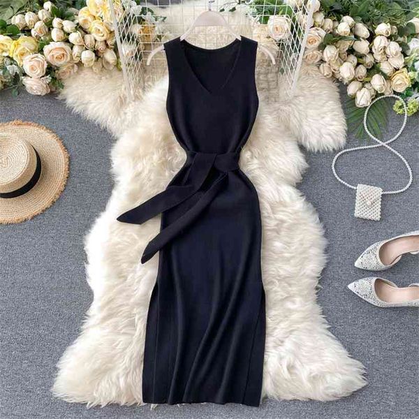 

summer women's dress korean style sleeveless v-neck waistband knitted solid color stretch split female es gx062 210507, Black;gray