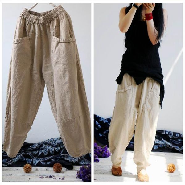 

linen elastic waist loose retro women capri solid color spring vintage pockets harem, Black;white
